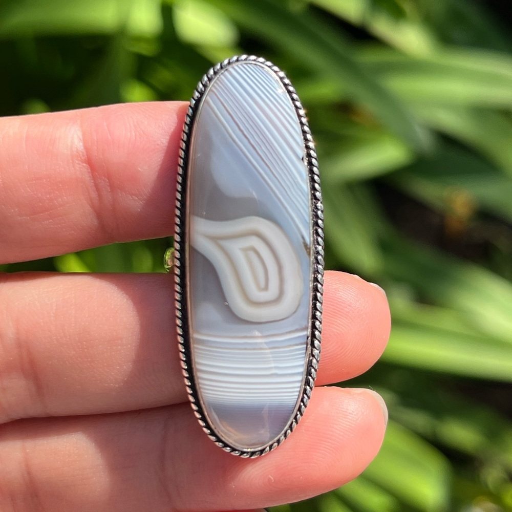 Size 6.75 925 silver plated long grey banded agate ring